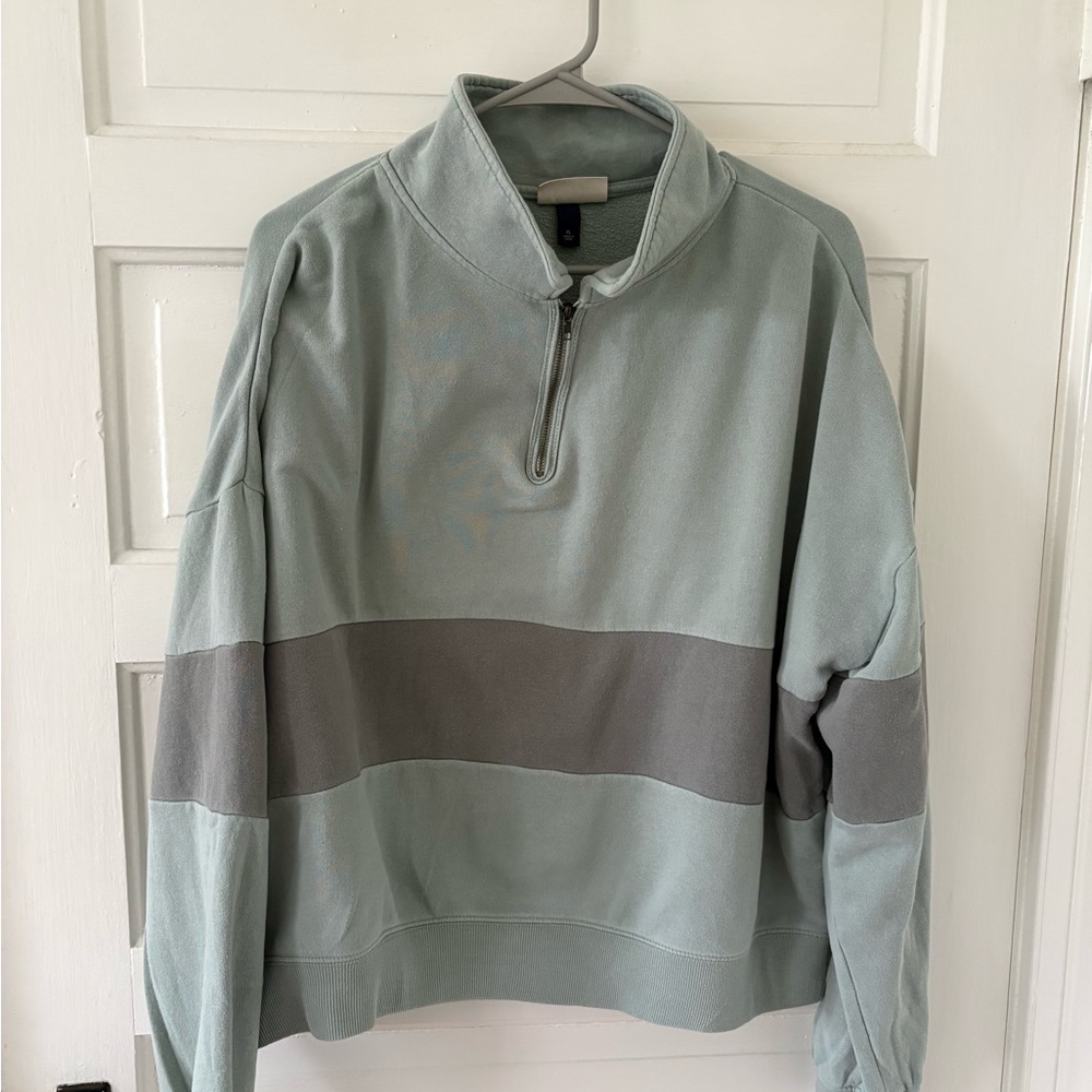 Women’s Sage Green Quarter-Zip Sweatshirt with Charcoal Stripe